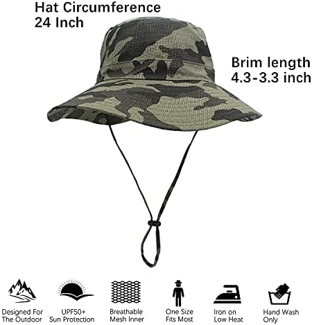 הסוואה כובע שמש רחב כותנה, UPF 50+ הגנת UV דלי שמש נושם דלי שמש עם רצועת סנטר מתכווננת לספארי