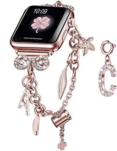 Secbolt Bling Bling צמיד רב-קארם ומכתב C קסם עבור Apple Watch 38 ממ 40 ממ 41 ממ IWatch Series 7/SE/6/5/4/3/2/1, זהב ורד