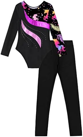 יין בנות ריינסטון ארוך שרוול ניגודיות צבע בגד גוף סרבל עם חותלות 2 חתיכות עבור התעמלות בלט ריקוד