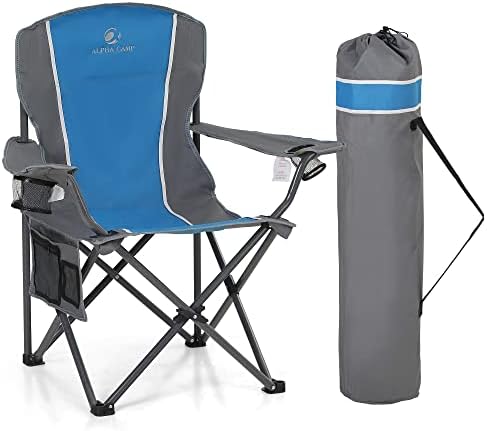 כסא קמפינג נייד של High Point Sports, כיסא קיפול חיצוני כבד עם משענת יד, כיסא מחנה מתקפל עם מחזיק כוס לקמפינג, תמיכה ב -350 קג, כחול-אפור