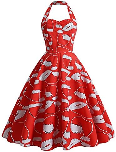 שמלת וינטג 'חג המולד נשים משנות החמישים שמלת רוקבילי נדנדה רטרו הפבורן בסגנון הלטר מכוערת הדפס א-קו שמלות קו