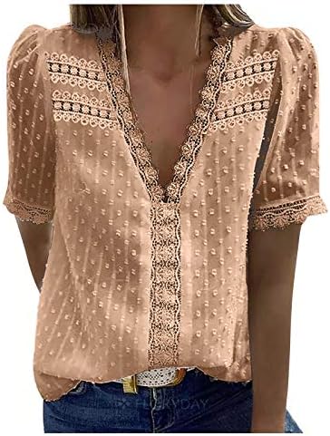 נשים של קיץ חולצות וחולצות קצר שרוול צווארון תחרה סרוגה טוניקת חולצות זורם מקרית חולצות חולצות מוצק צבע חולצות