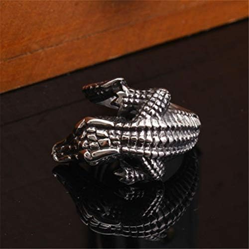 טבעת אופנוען בצורת תנין שתלטנית יצירתית מנירוסטה לגברים בגוון שחור כסוף