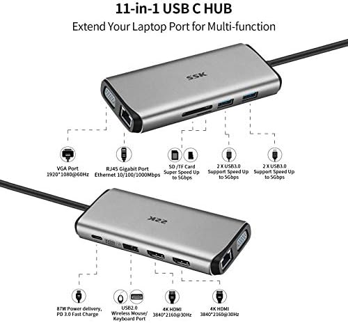 תחנת עגינה של SSK USB C, 11 ב 1 משולש מציג צג עגינה USB צג כפול של HDMI, VGA, מתאם Multiport עם Ethernet, PD3.0, קורא כרטיסי SD TF, 3USBs