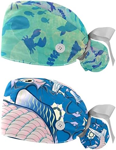 כובע עבודה אצות דגים בצבעי מים עם כפתור &מגבר; סרט זיעה 2 יחידות לשימוש חוזר כובעי ניתוח כירורגי קוקו מחזיק
