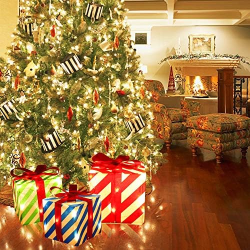 סט חג המולד של JueGoal של 3 קישוטים מוארים של קופסאות מתנה, 60 מואר 60 LED מדליק קופסת עץ חג המולד, מסלול חיצוני מקורה ירוק אדום ופס כחול