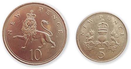Stampbank GB מלכה אליזבת השנייה נדיר 1968 גדול ללא מחזור עשרה וחמישה פני מטבע בריטי / 10p ו- 5p מטבעות